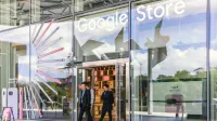 Bright and modern Google Store entrance with clear glass facade in Mountain View, California.