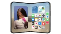 iPhone Duo, con un aspecto increíble, parcialmente doblado como un libro abierto. Foto de una mujer a la izquierda, iconos de aplicaciones a la derecha, incluido Safari en el muelle.