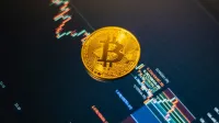 Golden Bitcoin en un gráfico del mercado financiero digital en aumento, que simboliza las tendencias de criptomonedas.
