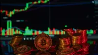 Pilas de monedas de Bitcoin con un gráfico del mercado financiero en el fondo, que representa el comercio de criptomonedas.