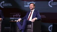 Vice President of the United States JD Vance speaking with attendees at the University of Georgia tour stop of the "This Is The Turning Point" tour at Akins Ford Arena in Athens, Georgia.