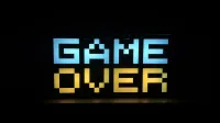 Illuminated pixel art 'Game Over' sign with vibrant colors against a black background.