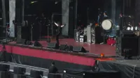 My Chemical Romance performing the theatrical 'Black Parade' element of their 'Love Live The Black Parade' concert at Wembley Stadium.