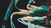 Vista detallada de cables y puertos de fibra óptica en una sala de servidores, mostrando conectividad.