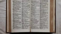 Primer plano de un diccionario abierto que muestra traducciones al inglés y al español, vista plana.