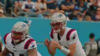 New England Patriots players, Michael Jordan (left) and Drake Maye (right) , playing against the Tennessee Titans at Nissan Stadium on November 3, 2024.