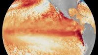 An animation using a globe depicting changes in sea surface temperatures (red for warmer, blue for cooler) in tropical Pacific Ocean.