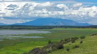The San Francisco Peaks as seen from the Mormon Lake overlook near Flagstaff, Arizona.