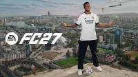 EA SPORTS FC 27 key art featuring Kylian Mbappé in a Real Madrid kit standing with arms outstretched on a football atop a panoramic cityscape filled with football stadiums, club banners and