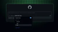 A GitHub Copilot prompt composer with the Copilot Fusion settings menu open. Fusion is enabled, and the effort-level options are Standard, High, and Max; Max is selected.