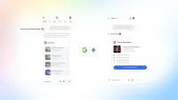A split-screen graphic showing a Google search interface connecting to Gemini to confirm a dinner reservation.