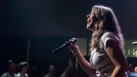 Carismática cantante femenina actuando apasionadamente en el escenario durante un concierto en vivo.