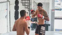 Dos luchadores masculinos entrenando en un gimnasio de jaula interior de MMA, mostrando habilidades de artes marciales.