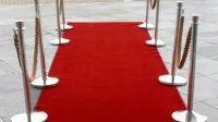 Entrada de alfombra roja con puntales en una superficie de azulejos, perfecta para eventos.