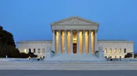 Panorama of the west facade of United States Supreme Court Building at dusk in Washington, D.C., United States of America.