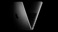 El nuevo MacBook Pro de 14 pulgadas que se muestra se abrió y se inclina hacia un lado.