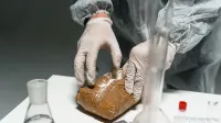 Trabajador de laboratorio analiza la sustancia en polvo en un laboratorio utilizando equipo de seguridad.