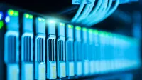 Detailed image of a server rack with glowing lights in a modern data center.