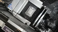 Interior view of a high-performance PC build featuring a Gigabyte motherboard and components.