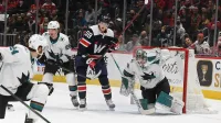 Washington Capitals Center Alexei Protas (59) looking to deflect the puck in front of the net during the 3rd period against the San Jose Sharks at Capital One Arena in Washington D.C