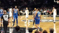 New York Knicks rookie center Mitchell Robinson shooting a free throw during the first quarter of the NBA Preseason game between the Brooklyn Nets and the New York Knicks at the Barclays