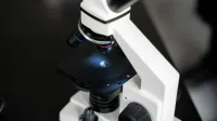 Vista de cerca de un microscopio de laboratorio con enfoque selectivo, ideal para uso científico.
