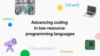 Gráfico titulado "Codificación avanzada en lenguajes de programación de bajos recursos" con etiquetas COBOL, OCAML, FORTRAN y Visual Basic, una computadora portátil, imágenes de