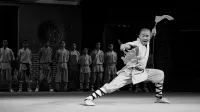 Artista marcial realiza una pose de kung fu enérgico en el escenario, rodeado de compañeros.