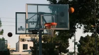 A basketball hoop on an outdoor court in Los Angeles, with trees and buildings in the background.