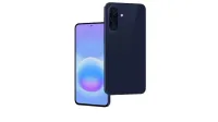 Galaxy A57 5G in Awesome Navy is shown from the side view to highlight the slim profile. The device turns around to show a close-up of the back side with the camera bump with Triple Camera