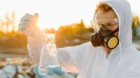 Scientist in protective gear conducting experiment outdoors at sunset.