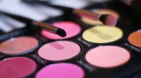 Paleta de maquillaje colorida y pinceles suaves capturados para el uso de la belleza y la moda.