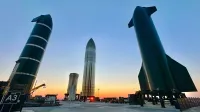 SpaceX Starship and Super Heavy booster at Rocket Garden, SpaceX Starbase.