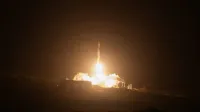 A Falcon 9 rocket carrying the Starlink 17-14 mission launches from Space Launch Complex 4 East at Vandenberg Space Force Base, Calif., April, 2026.