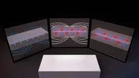 Three-panel illustration comparing magnetic spin patterns in materials, showing arrows and glowing field lines on panels arranged in a triptych.