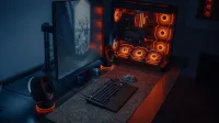 Sleek gaming desk setup featuring RGB lighting, large monitor, and gaming PC with glowing fans.