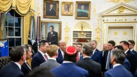 President Donald Trump hosts a dinner in the newly renovated White House Rose Garden, Friday, September 5, 2025.