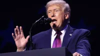 President of the United States Donald Trump speaking with attendees at the "Build the Red Wall" rally at Dream City Church in Phoenix, Arizona.