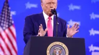 President of the United States Donald Trump speaking at the 2025 Conservative Political Action Conference (CPAC) at the Gaylord National Resort & Convention Center in National Harbor