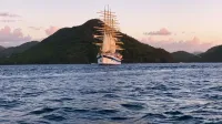 Majestic sailing ship navigating near a lush green island at sunset.