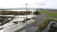 Camino costero parcialmente inundado con coche estacionado, pantano y poste de servicios públicos