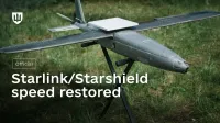 A drone equipped with a Starlink terminal. Text on image: “Official. Starlink/Starshield speed restored”