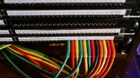Close-up of colorful patch cables connected to a network panel with labels, indoors.