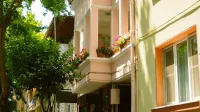 Balcón europeo iluminado por el sol adornado con flores de colores, creando una encantadora escena residencial en la calle.