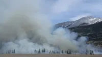 Captura de un incendio forestal con humo que se eleva contra un telón de fondo de montaña en un paisaje natural escénico.