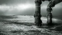 Imagen monocromática de grandes tuberías industriales que se extienden hacia el océano bajo un cielo dramático.