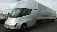A silver Tesla Semi in Rocklin, California