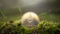 Photo of an Ethereum cryptocurrency medallion in nature, used to represent the concept of Ethereum cryptocurrency sustainability.