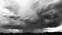 Foto en blanco y negro capturando nubes de tormenta dramáticas y campo abierto.