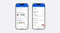 Dos teléfonos inteligentes muestran una interfaz de la aplicación de compras que muestra el historial de compras y una pantalla de perfil de agente. El teléfono de la izquierda muestra